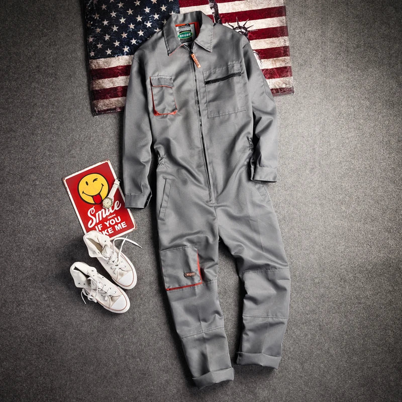 Men’s Long-Sleeve Jumpsuit - Zipper Pocket Casual Workwear Overalls, Plus Size S-4XL