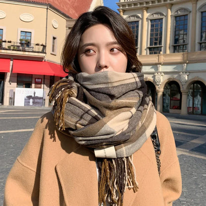 Women's Winter Korean-Style Scarf - British Classic Checkered Thickened Neck Warmer for Students - Unisex Autumn/Winter Accessory