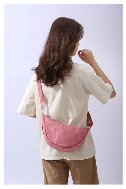 Solid Color Women's Portable Shoulder Bag – Simple Nylon Cloth Padded Crossbody Travel Purse & Messenger Bag