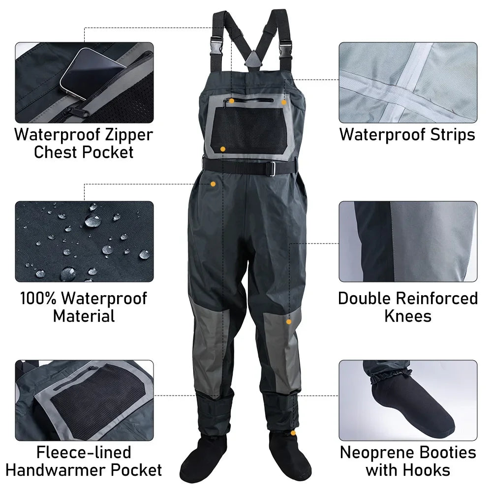 Goture 100% Waterproof Fly Fishing Waders – Breathable Chest Overalls in S, M, L, XL, XXL with Boots