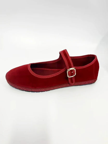 Women's Velvet Mary Jane Shoes – Hand-Stitched Ballet Flats, Casual Streetwear Loafers in Solid Colors