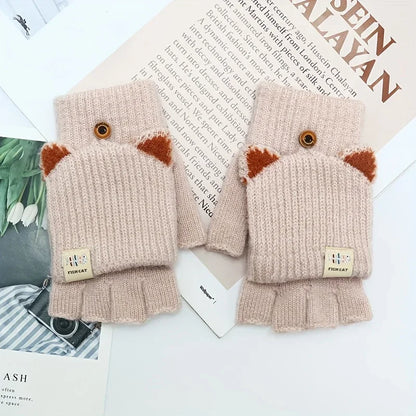 Women’s Cat Ear Fingerless Gloves - Warm Convertible Winter Gloves with Elastic Fit