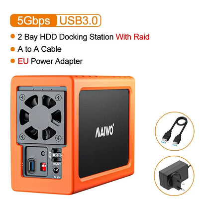 MAIWO 3.5 Inch HDD Case – Dual Bay SATA RAID Storage Enclosure & Docking Station for 2.5/3.5 Inch External Hard Drives