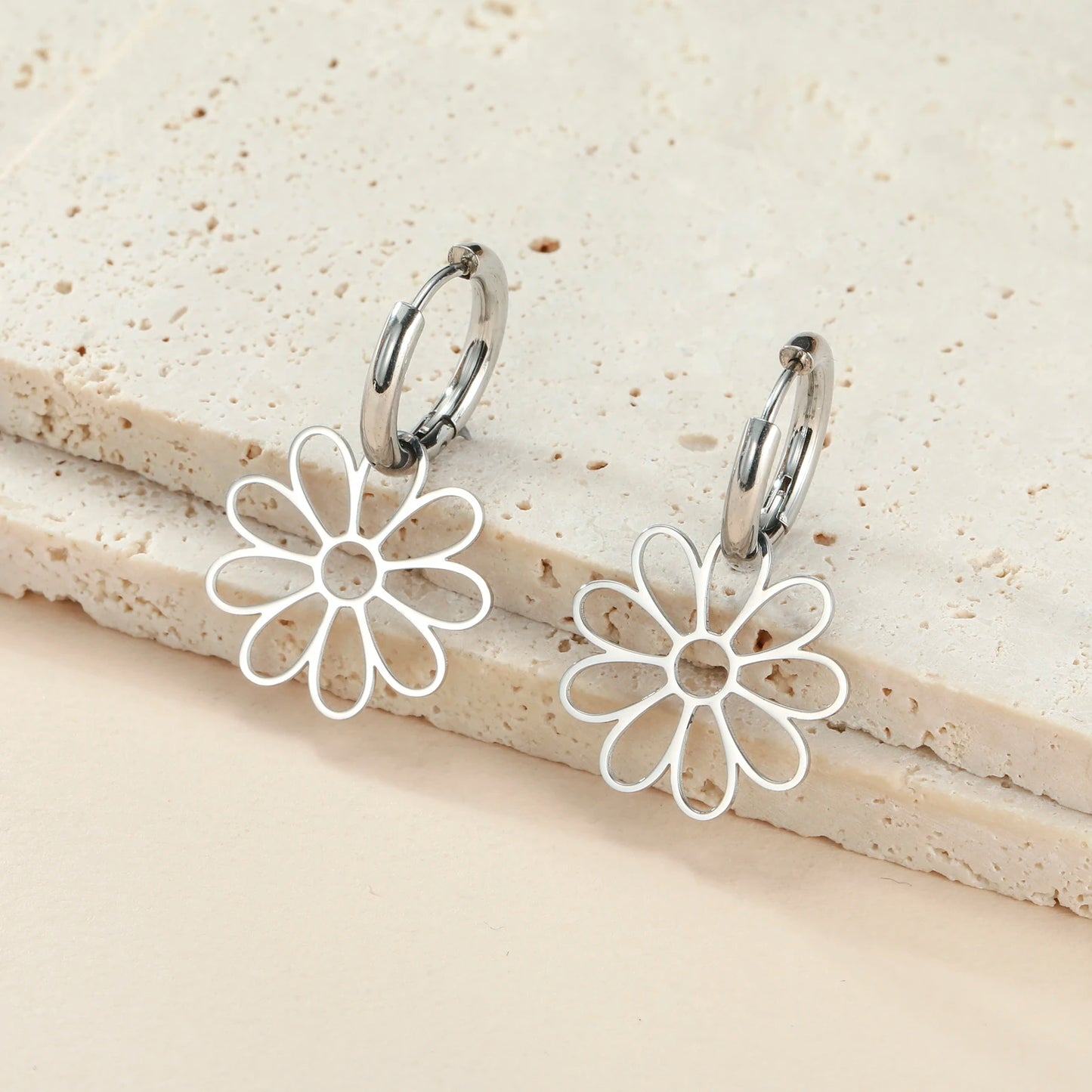 Nine Petal Flower Hoop Earrings - Stainless Steel Bohemian Hollow Pendant Jewelry Gift for Women