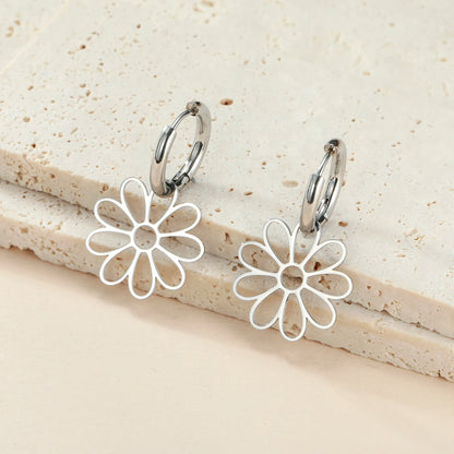 Nine Petal Flower Hoop Earrings - Stainless Steel Bohemian Hollow Pendant Jewelry Gift for Women