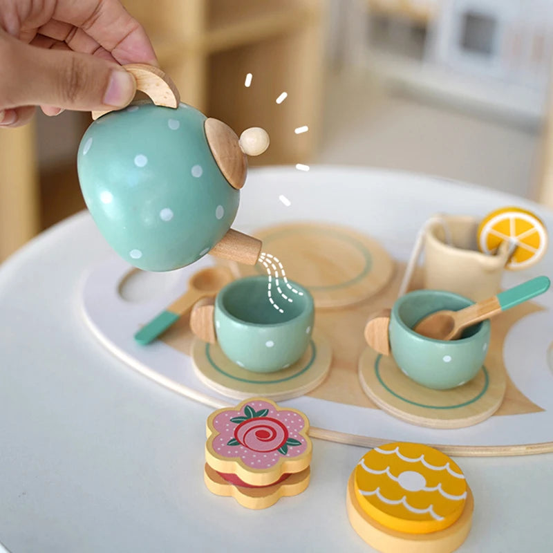 Wooden Afternoon Tea Set Toy - Pretend Play Food, Learning Role Play Game, Early Educational Toys for Toddlers, Girls, Boys, Perfect Kids Gift