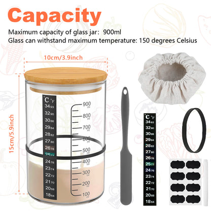 900ml Sourdough Fermentation Jar - Clear Glass with Wide Mouth and Lid - Essential Sourdough Starter Container for Baking Supplies