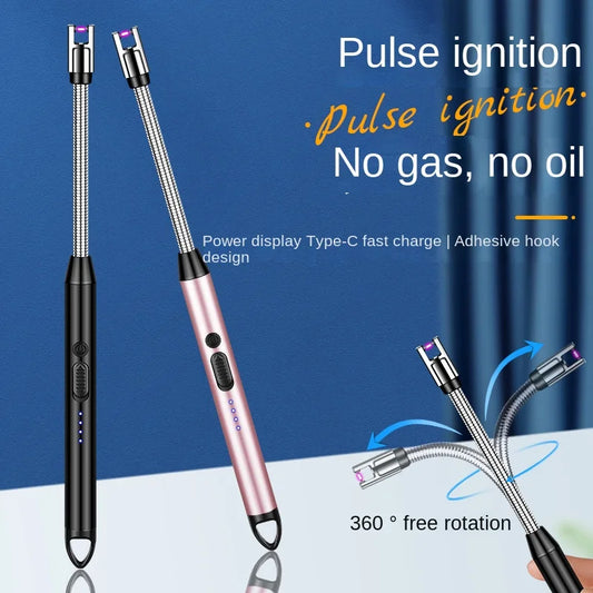 Type-C Rechargeable 360° Curved Windproof Plasma Lighter – Flameless USB BBQ & Kitchen Candle Ignition Electric Arc Lighter