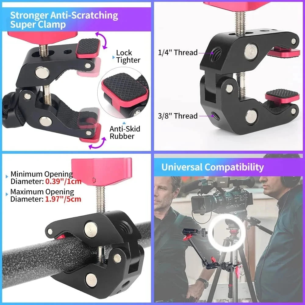 Versatile Camera Magic Arm with Super Clip Bracket - Clamp Mount for Smartphone, Camcorder, Action Camera, Tablet, Webcam - Studio Kit Essential