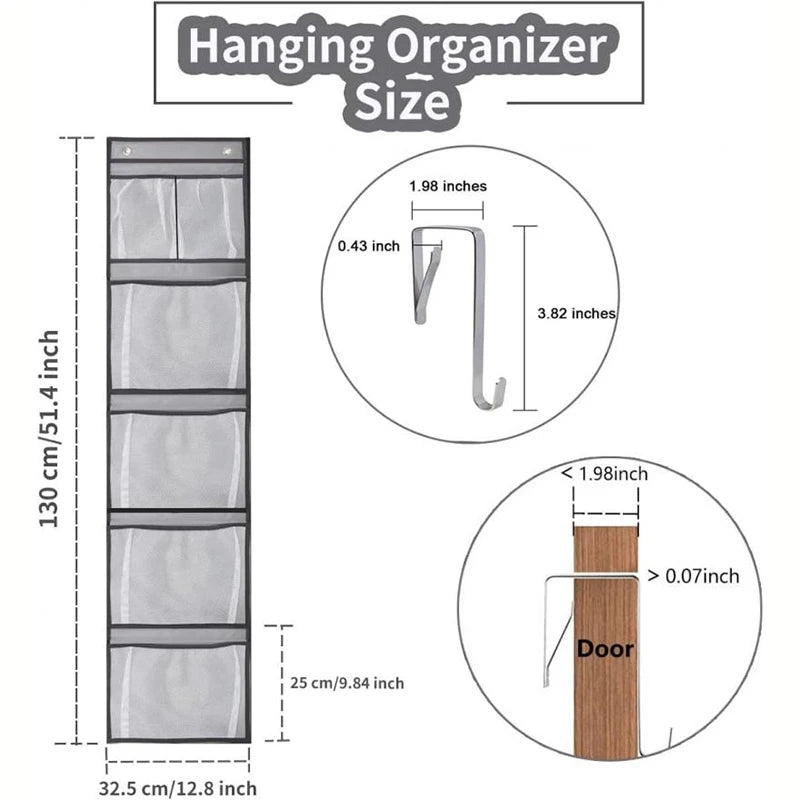 Over the Door Organizer – Grey Hanging Storage with 5 Large Pockets & Shelves