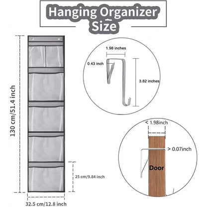 Over the Door Organizer – Grey Hanging Storage with 5 Large Pockets & Shelves