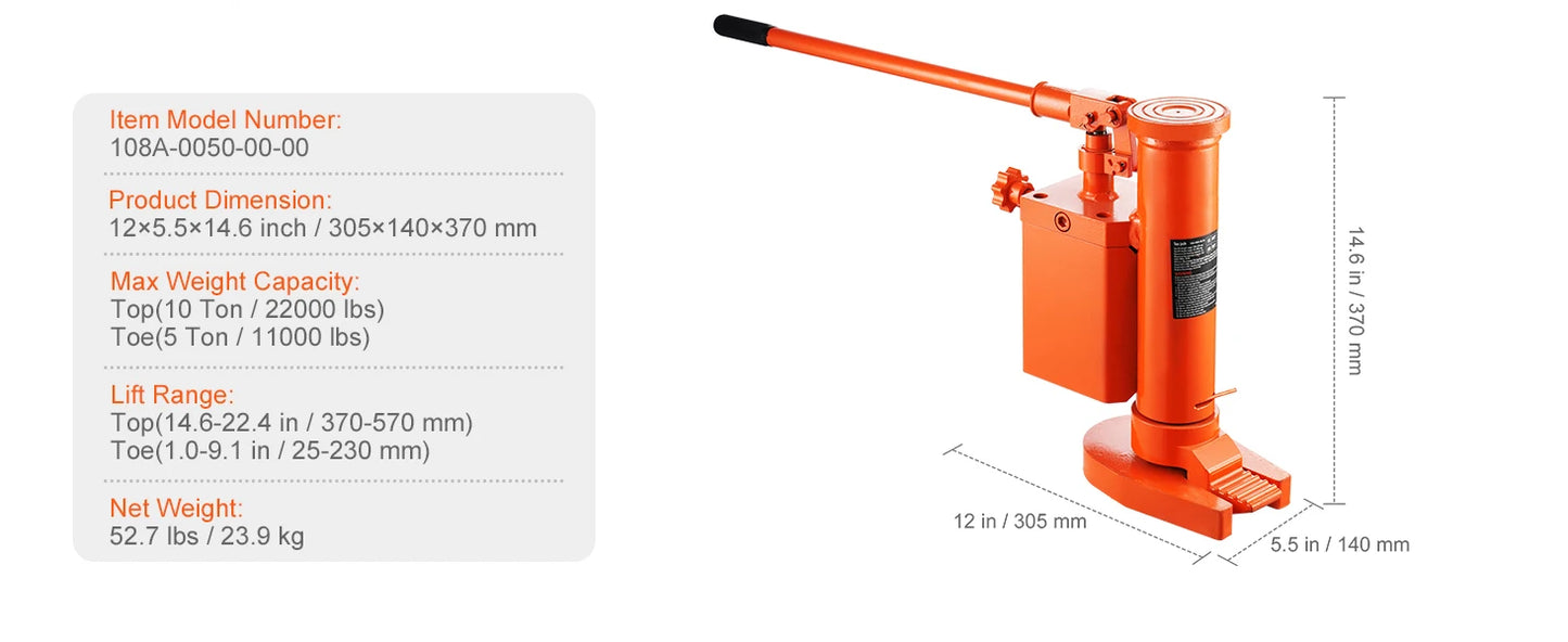 SucceBuy Hydraulic Toe Jack 2.5T – 5T Top Lift Capacity Machine Jack with 0.8–5.3in Toe & 8.9–13.4in Top Height