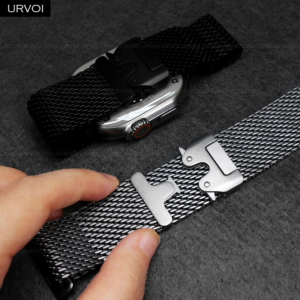 URVOI Stainless Steel Mesh Band for Apple Watch Ultra 2/1, Series 10/9 – 316L Secure Parachute Buckle, 46/49mm