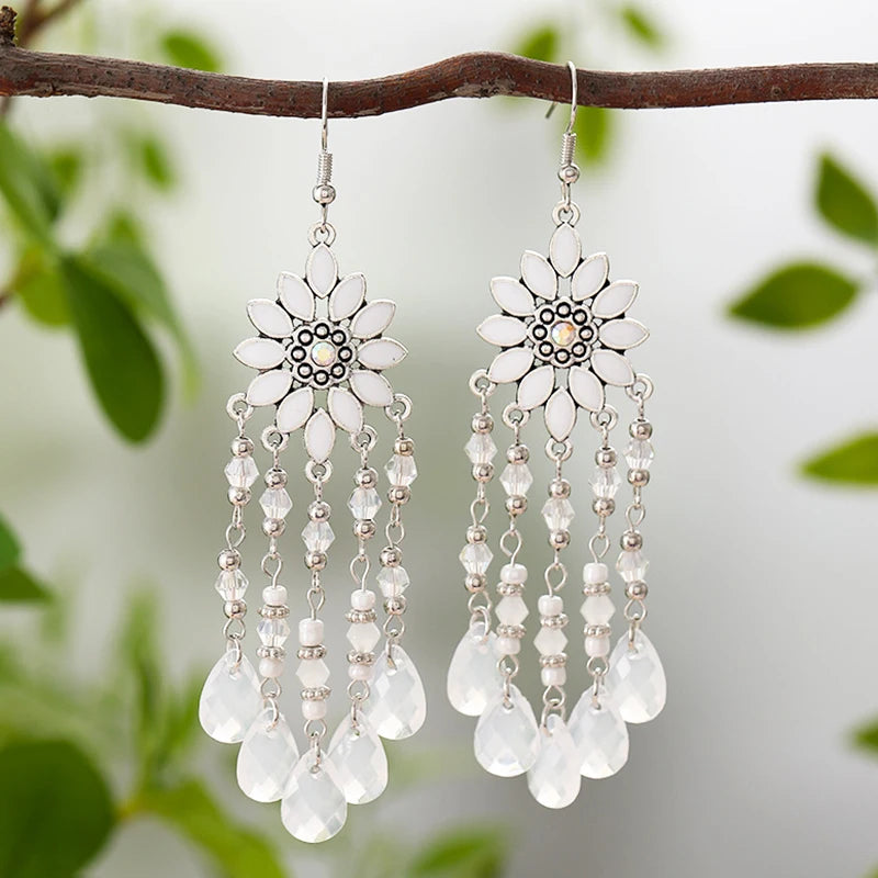 Bohemian Water Drop Tassel Earrings - Vintage Crystal Bead Long Dangle Jewelry for Women