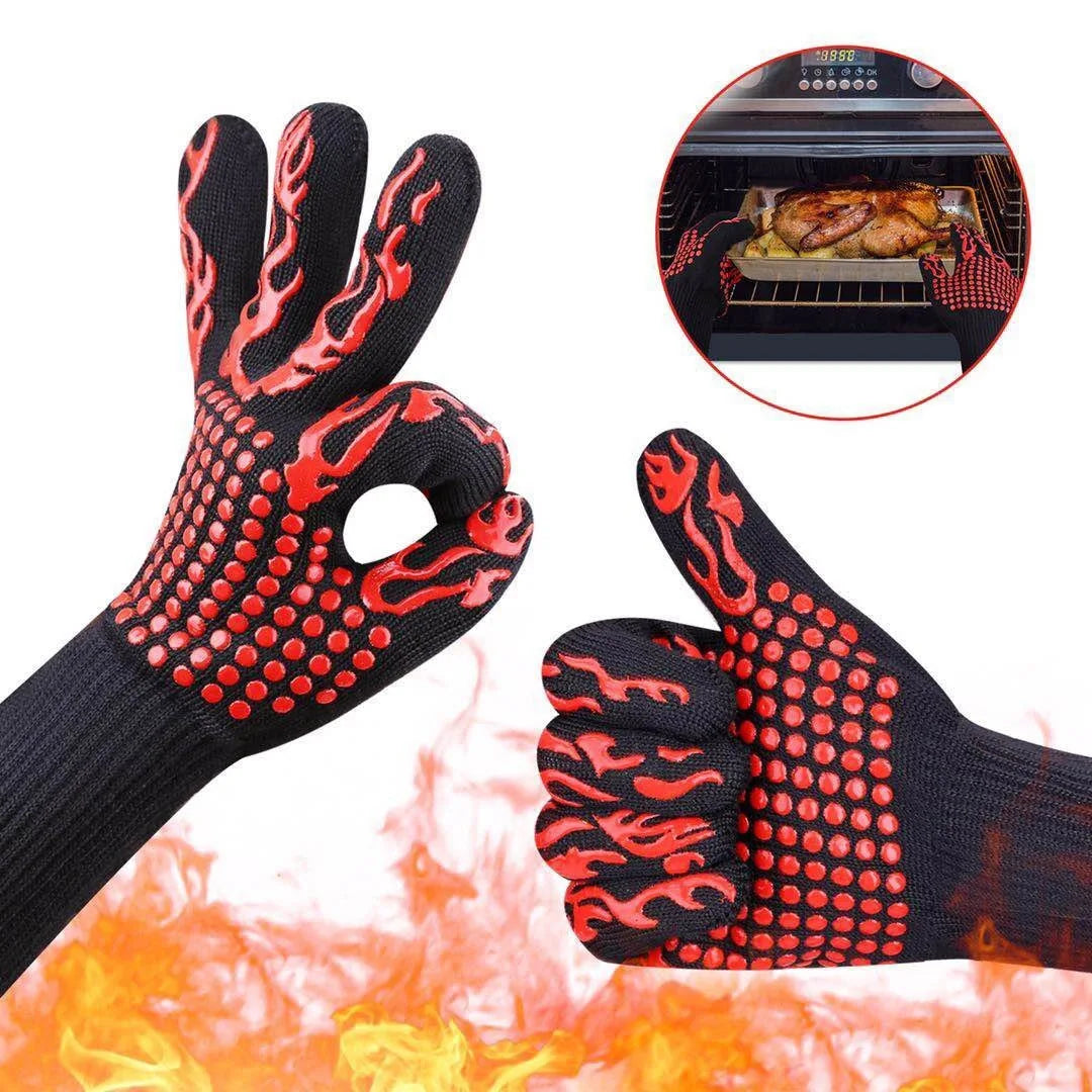 BBQ Gloves - Silicone Heat-Resistant Mitts for Kitchen and Microwave, Fireproof to 800 Degrees, Non-Slip Barbecue Gloves