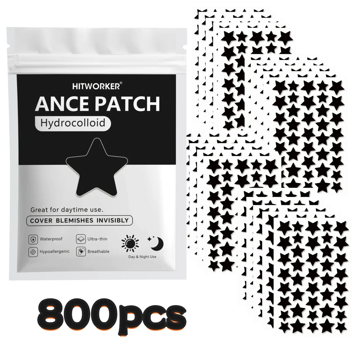 Black Star Hydrocolloid Pimple Patches - Bulk Acne Stickers with Tea Tree Oil, 240/480/800 Pieces