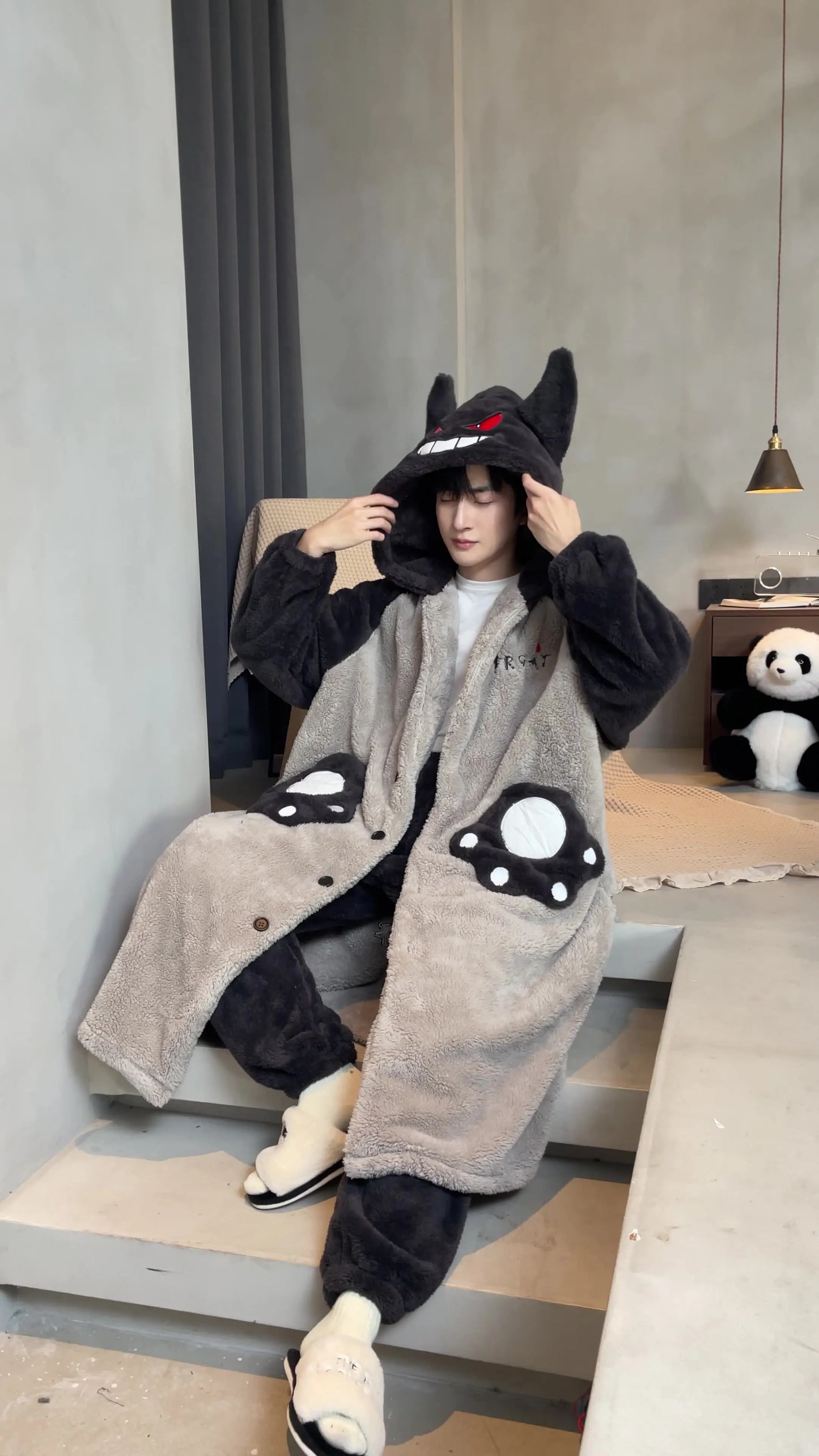 Gengar Pokemon Pajamas Set — Men’s Large Winter Coral Fleece Hooded Nightgown, Thick Warm Anime Home Suit