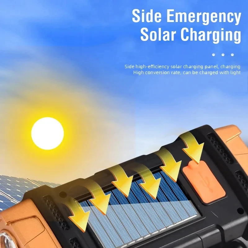 Portable USB Rechargeable Flashlight: Solar LED Light with COB Work Light - Powerful 4-Gear Charge Mobile Phone Camping Lamp