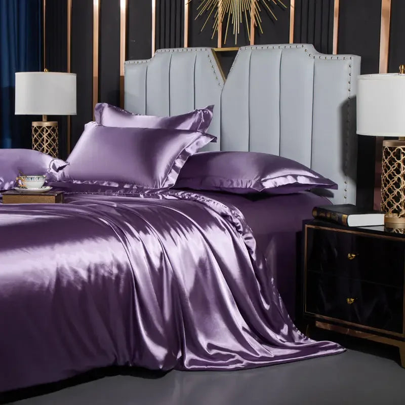 Nordic Silk Bedding Set With Duvet Cover - Luxury Solid Color Bed Sheet & Pillowcase Set For Single Double Couple Summer Bed Linen