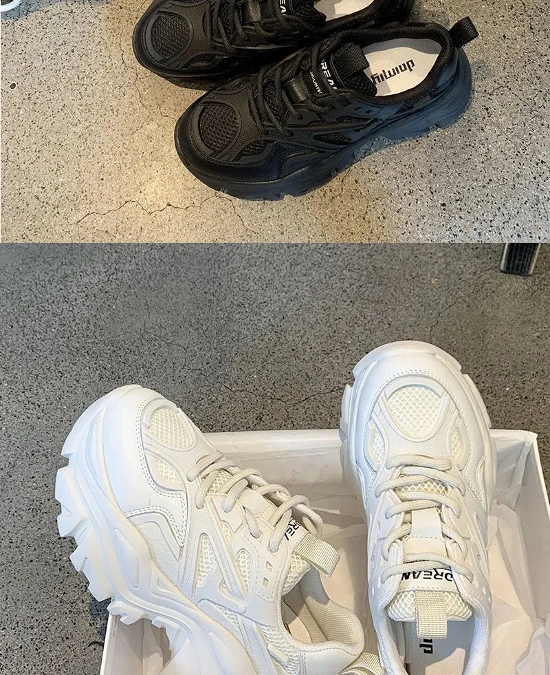 2024 Women's Fashion Platform Sport Shoes - Chunky Black Mesh Leather Casual Sneakers for Summer
