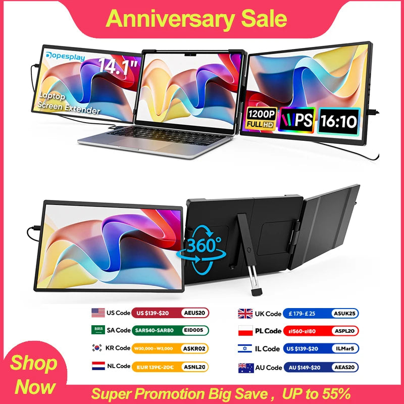 Dopesplay 14.1" Portable Laptop Screen Extender – Dual/Triple FHD 1200P IPS Monitor for Windows, Mac & Android