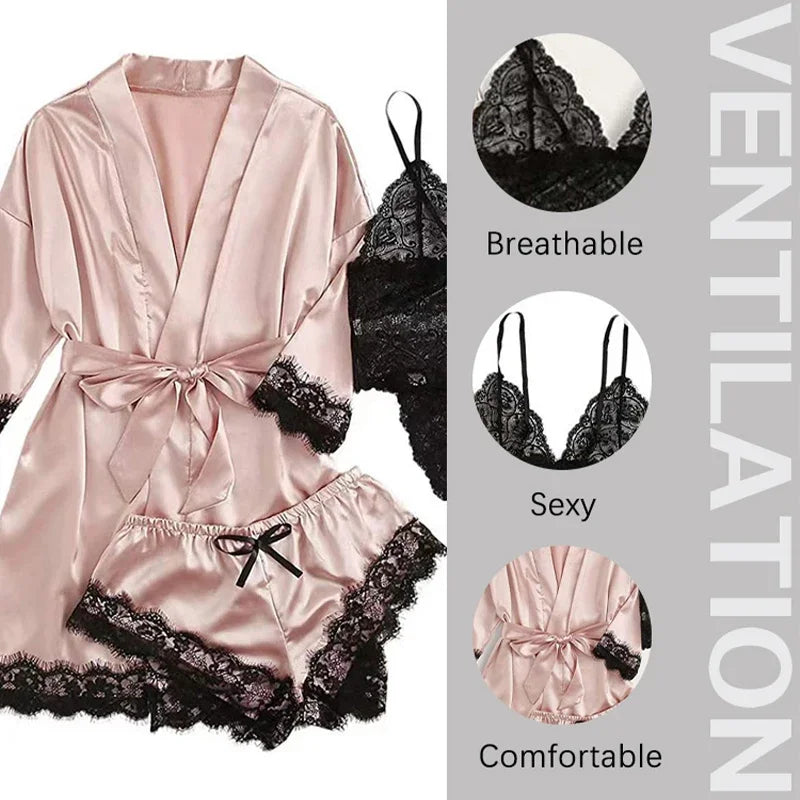 4 Piece Women's Sleepwear Pajama Set – Sexy Lace Lingerie, Silk Satin Bathrobe, Nightwear Robe for Home Clothed Comfort