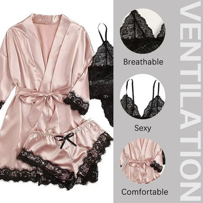 4 Piece Women's Sleepwear Pajama Set – Sexy Lace Lingerie, Silk Satin Bathrobe, Nightwear Robe for Home Clothed Comfort