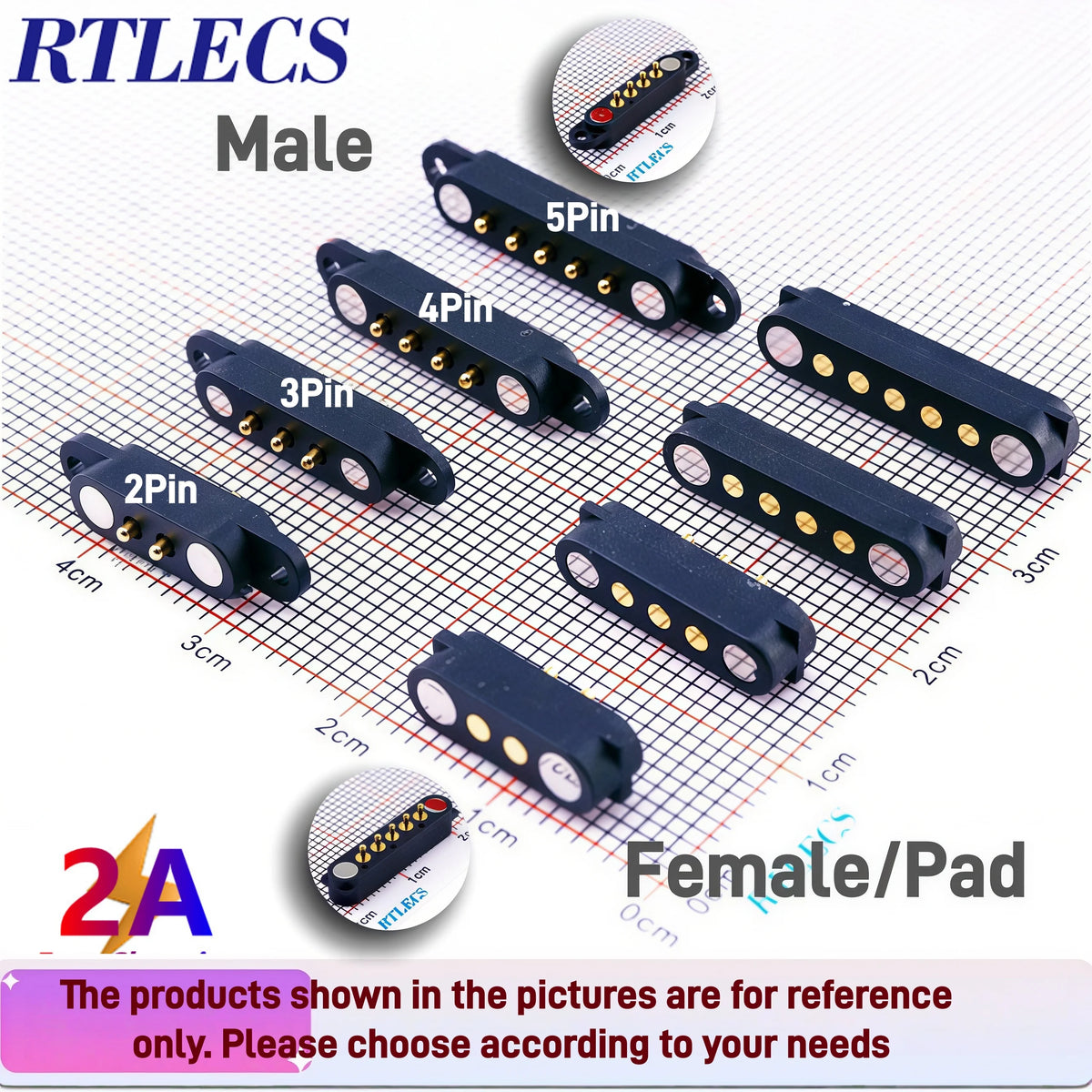 Magnetic Pogo Pin Connector - 2A Spring-Loaded 2.54mm Pitch Male Female PCB BTB Connector, 2–9 Pole Through-Hole Contacts, 1/3/5 Pairs