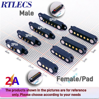 Magnetic Pogo Pin Connector - 2A Spring-Loaded 2.54mm Pitch Male Female PCB BTB Connector, 2–9 Pole Through-Hole Contacts, 1/3/5 Pairs