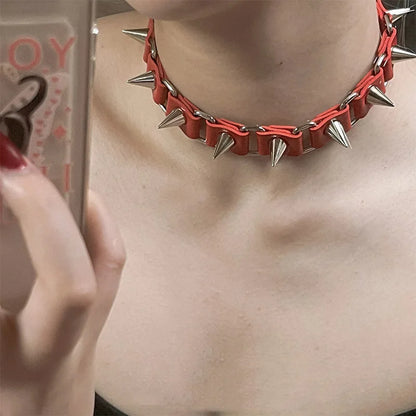 Riveted Leather Necklace – Gothic Style Punk Collarbone Chain, Black Halloween Neck Jewelry Accessory for Women