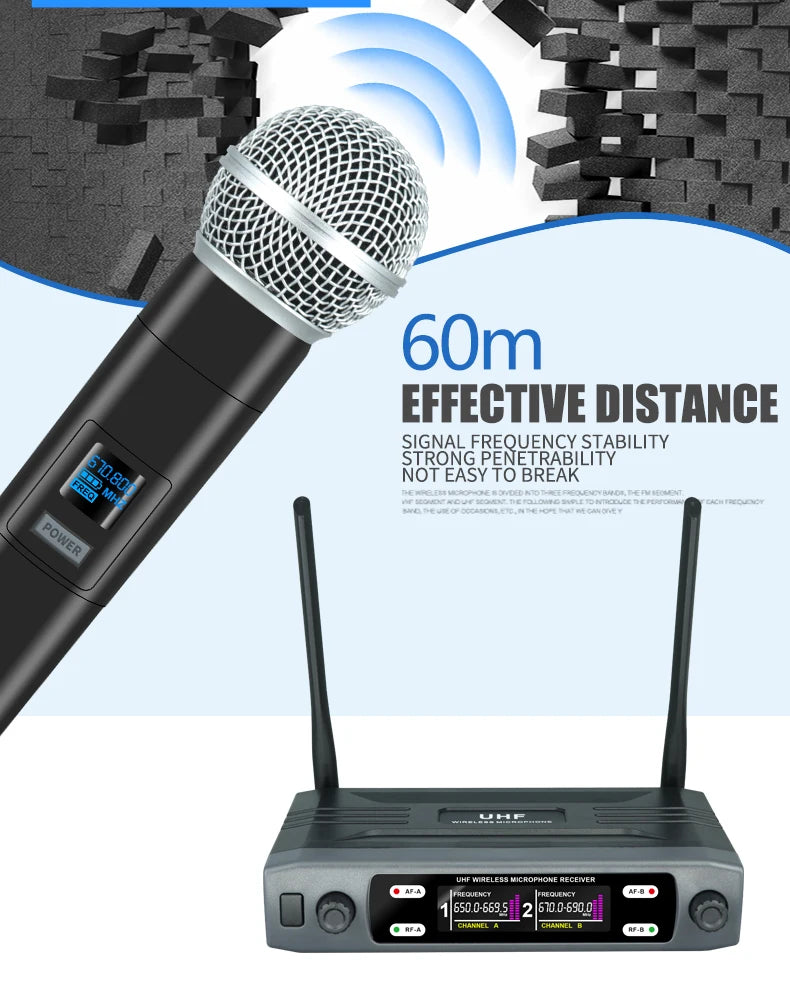 Wireless Handheld Microphone – Dual Channel UHF Dynamic Mic for Karaoke, Wedding, Party & Church Shows