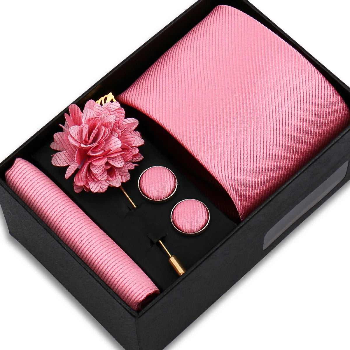 Men's Solid Color Tie Set - Jacquard Necktie, Hanky, Cufflinks & Brooch Gift Box for Weddings