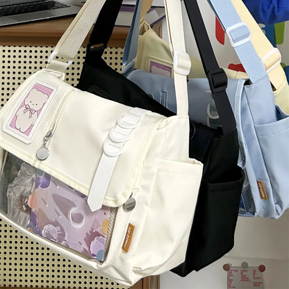 Y2K Japanese Harajuku School Bag — 2024 Transparent Itabag Crossbody for Teenage Girls with DIY Badge Display Plate