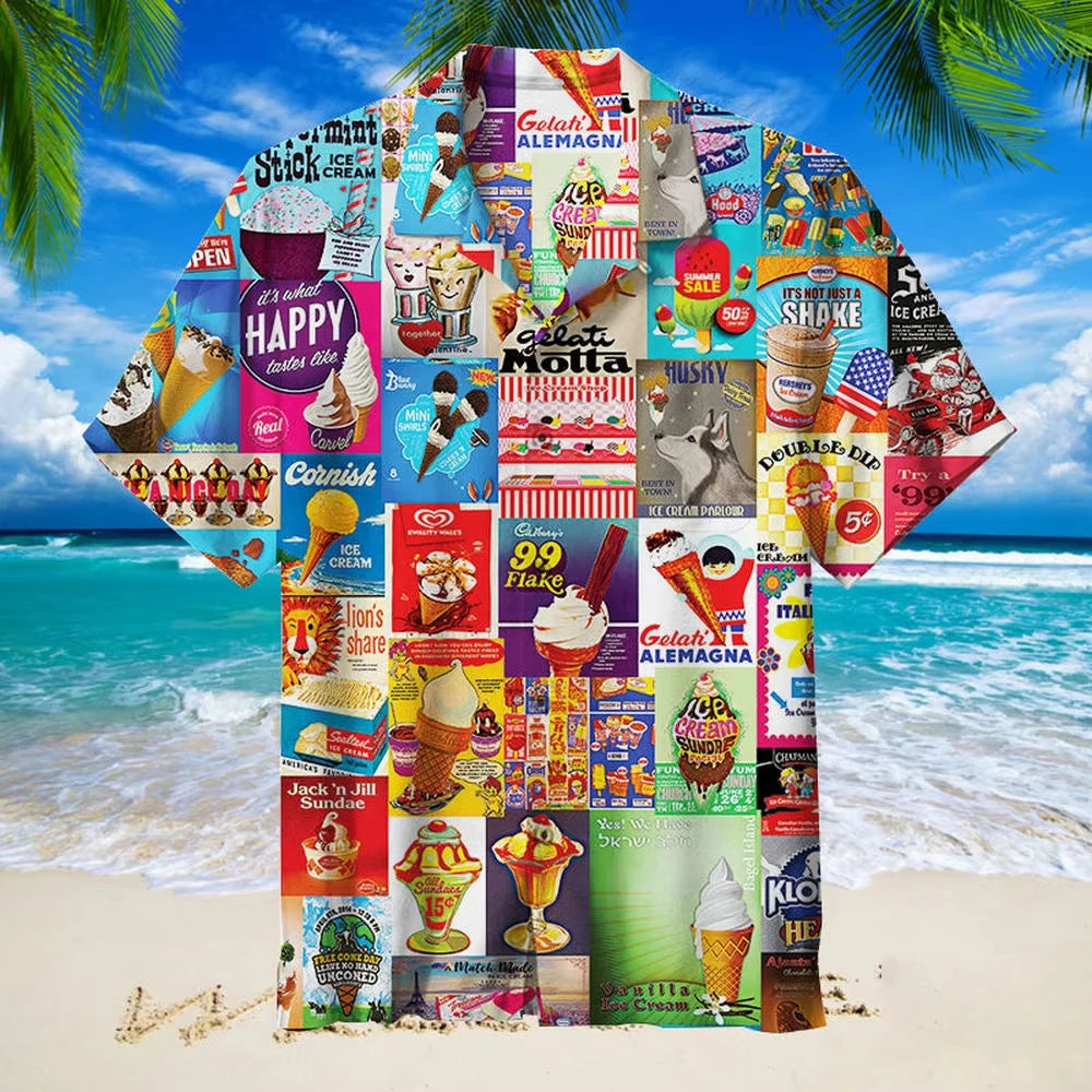 3D Ice Cream Hawaiian Shirt - Trendy Unisex Oversized Short Sleeve Beach Party Shirt