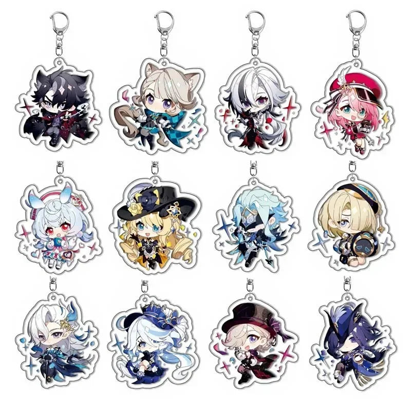 Genshin Impact Sigewinne Arlecchino & Charlotte Keychain – Anime Game Acrylic Backpack Pendant Accessory