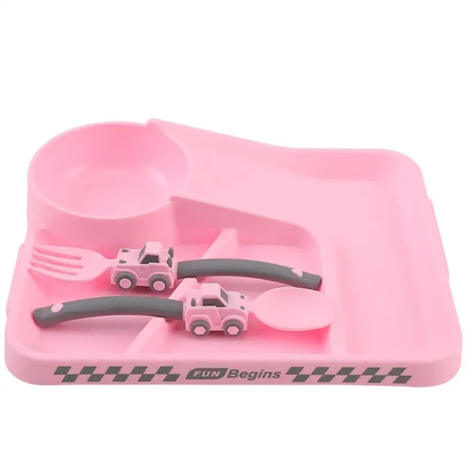 Kids Cartoon Racing Dinner Set - Baby Self Feeding Fork Spoon Plate & Divided Non-Slip Bowl Set
