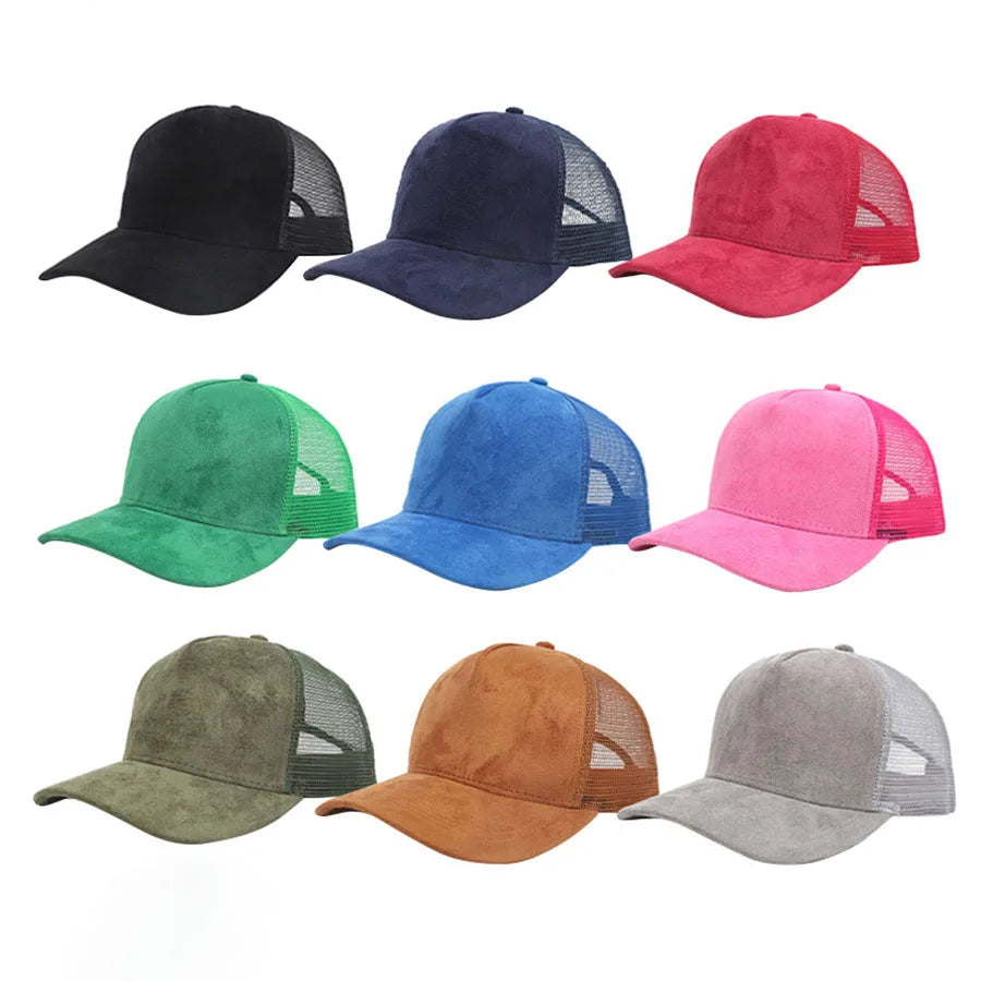 5 Panel Suede Trucker Hat - Solid Color Mesh Baseball Cap for Men & Women