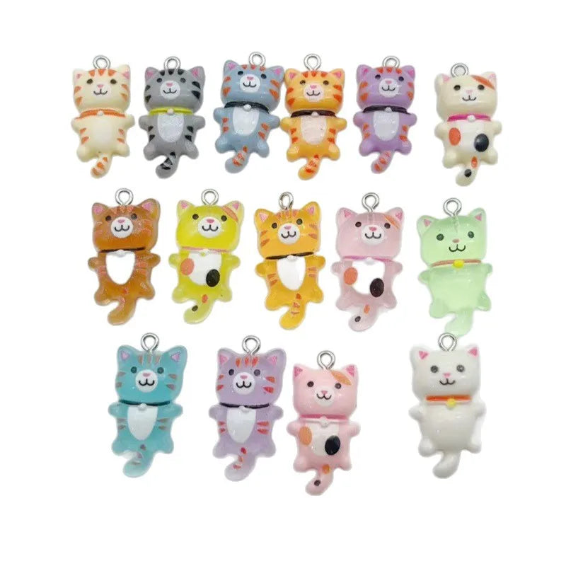 Cartoon Cat Resin Charms - 10-Piece 3D Luminous Animal Pendants for DIY Bracelets & Necklaces