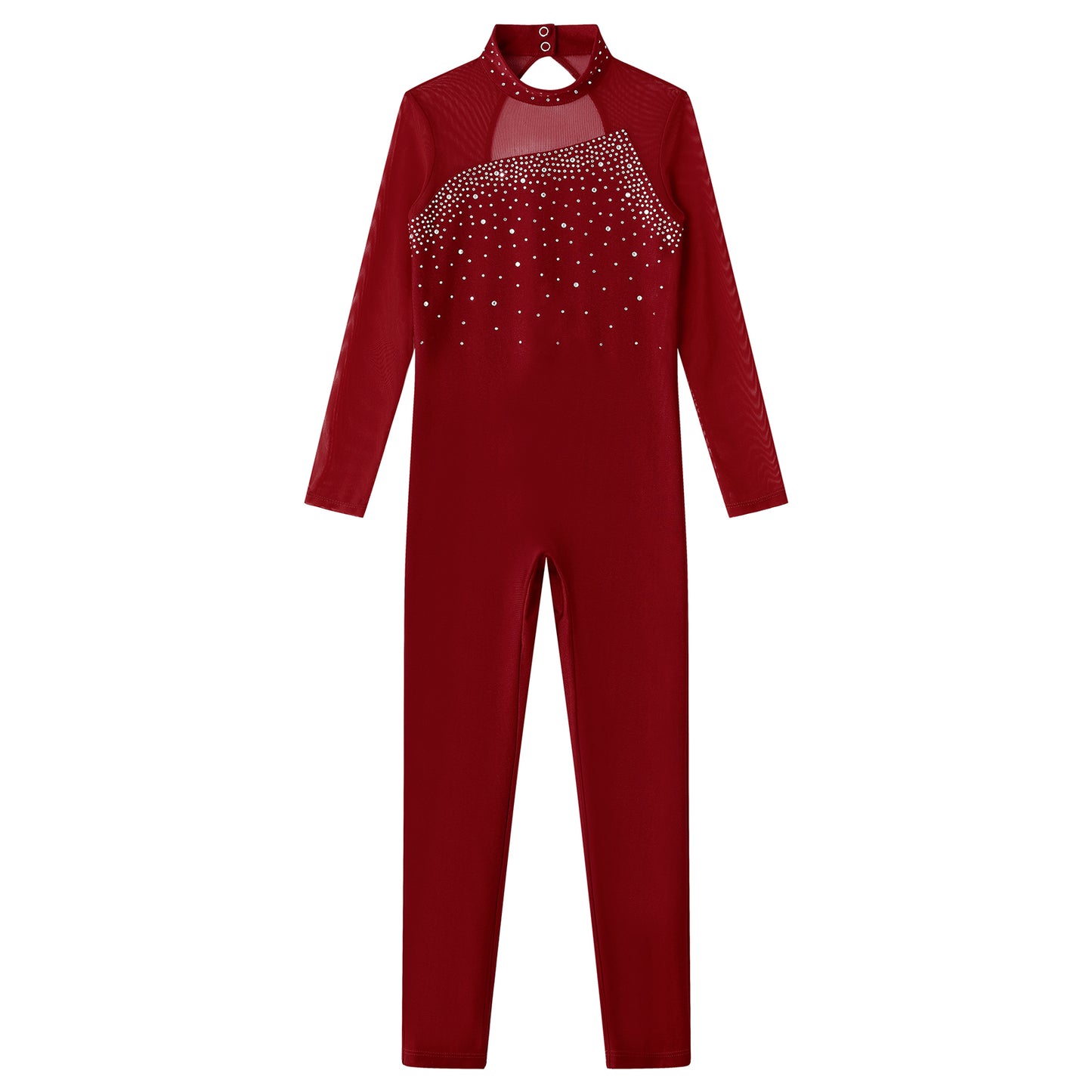 Kids Girls Long Sleeve Rhinestone Bodysuit — Full Body Dancewear Gymnastics Leotard Skating Jumpsuit