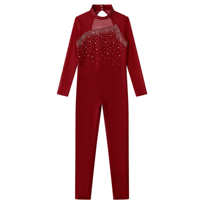 Kids Girls Long Sleeve Rhinestone Bodysuit — Full Body Dancewear Gymnastics Leotard Skating Jumpsuit