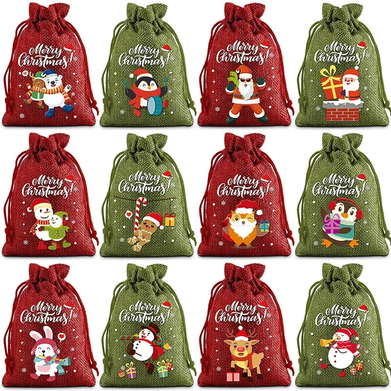 2025 Christmas Burlap Drawstring Gift Bag - Santa Candy Pouch for Holiday Present Packaging, Halloween & New Year Decor