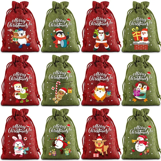 2025 Christmas Burlap Drawstring Gift Bag - Santa Candy Pouch for Holiday Present Packaging, Halloween & New Year Decor