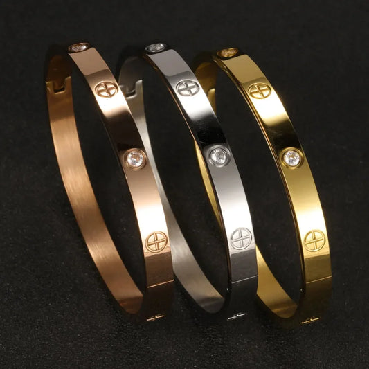 Stainless Steel Cuff Bracelet — Crystal Charm Bangle for Women, Fashion Jewelry