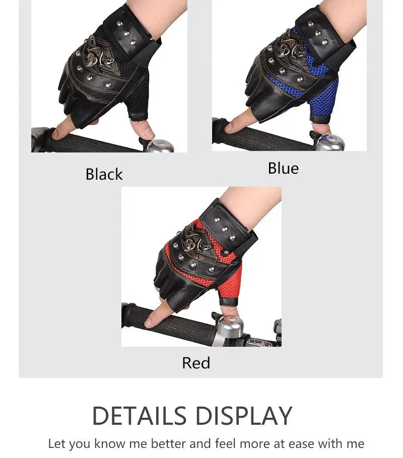 Pirate Skull PU Leather Fingerless Gloves for Men & Women – Hip Hop, Gym, Moto Half-Finger Mitts with Rivets