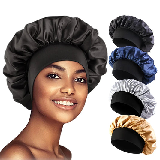 Women's Satin Wide-Brimmed Bonnet – Unisex Night Sleeping & Bathing Head Wrap with Elastic Band for Hair Care