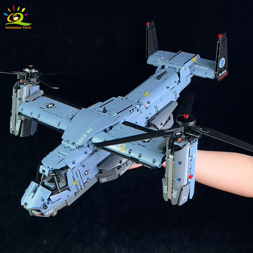 HUIQIBAO MOC 1389PCS V-22 Tiltrotor Aircraft Building Blocks – Military Helicopter Model Toy for Kids & Home Decor