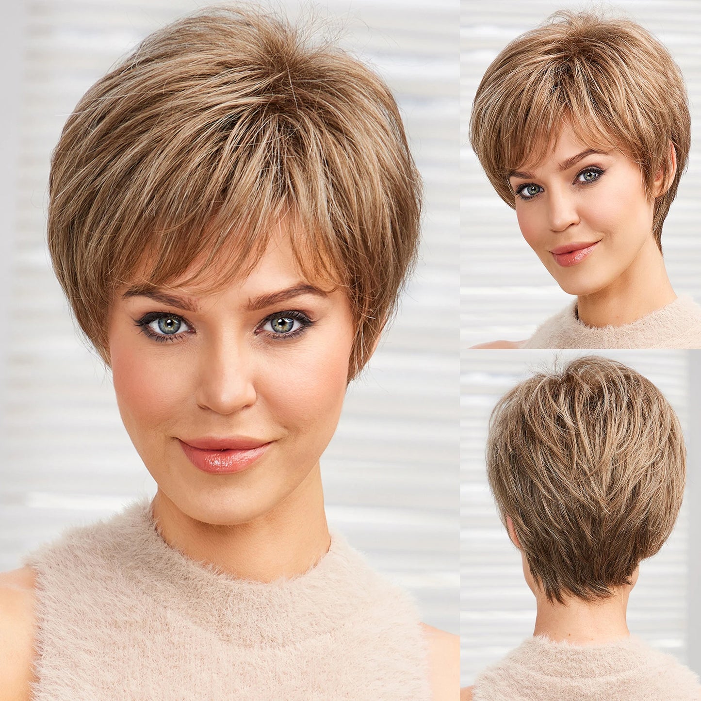 Light Blonde Mixed Off-White Pixie Cut Wig for Women – Bangs with Kanekalon Human-Hair-Like Texture, Natural Layered Hair