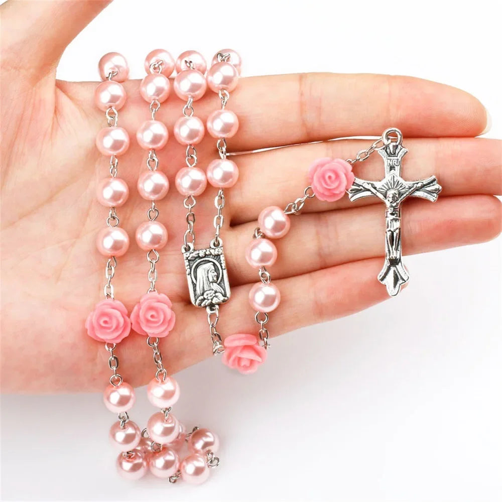 6mm Pink Rosary Necklace – Rose Glass Beads Chain with Crucifix Cross INRI Pendant, Religious Prayer Jewelry for Men & Women