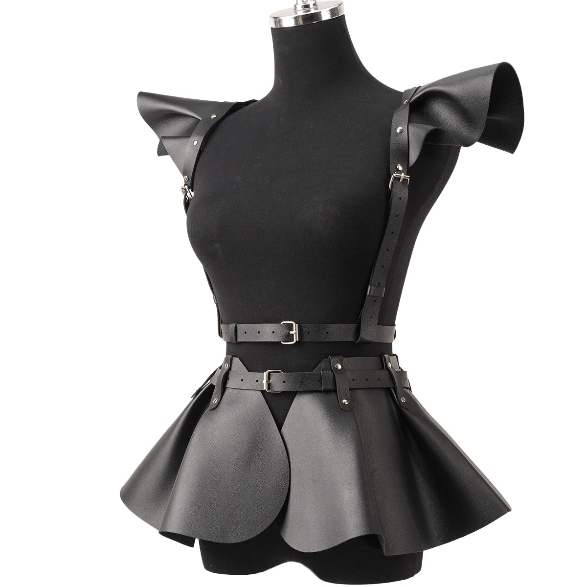 Women’s Gothic Leather Harness Skirt Belt with Ruffle Hem, Fashion Waist & Shoulder Body Harness Clothing Accessory