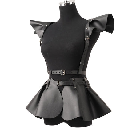 Women’s Gothic Leather Harness Skirt Belt with Ruffle Hem, Fashion Waist & Shoulder Body Harness Clothing Accessory